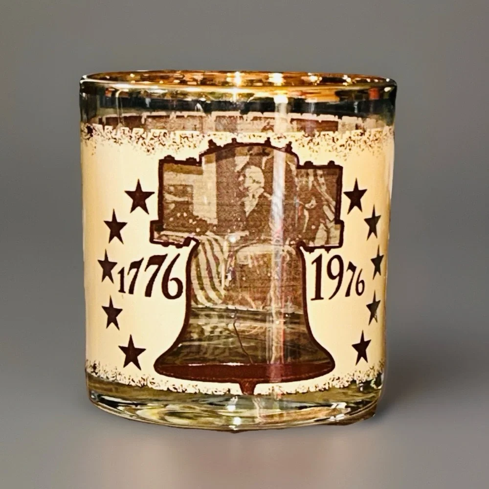 Vintage MCM Bicentennial Rock Glasses Barware Gold Patriotic Declaration Set 4